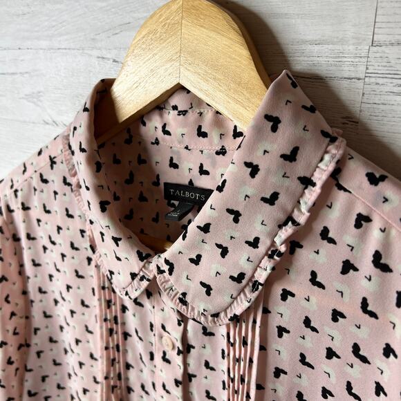 Talbots Blouse Womens Size Large Pink & Black Butterfly Bird Pintuck Peter Pan - Picture 11 of 16